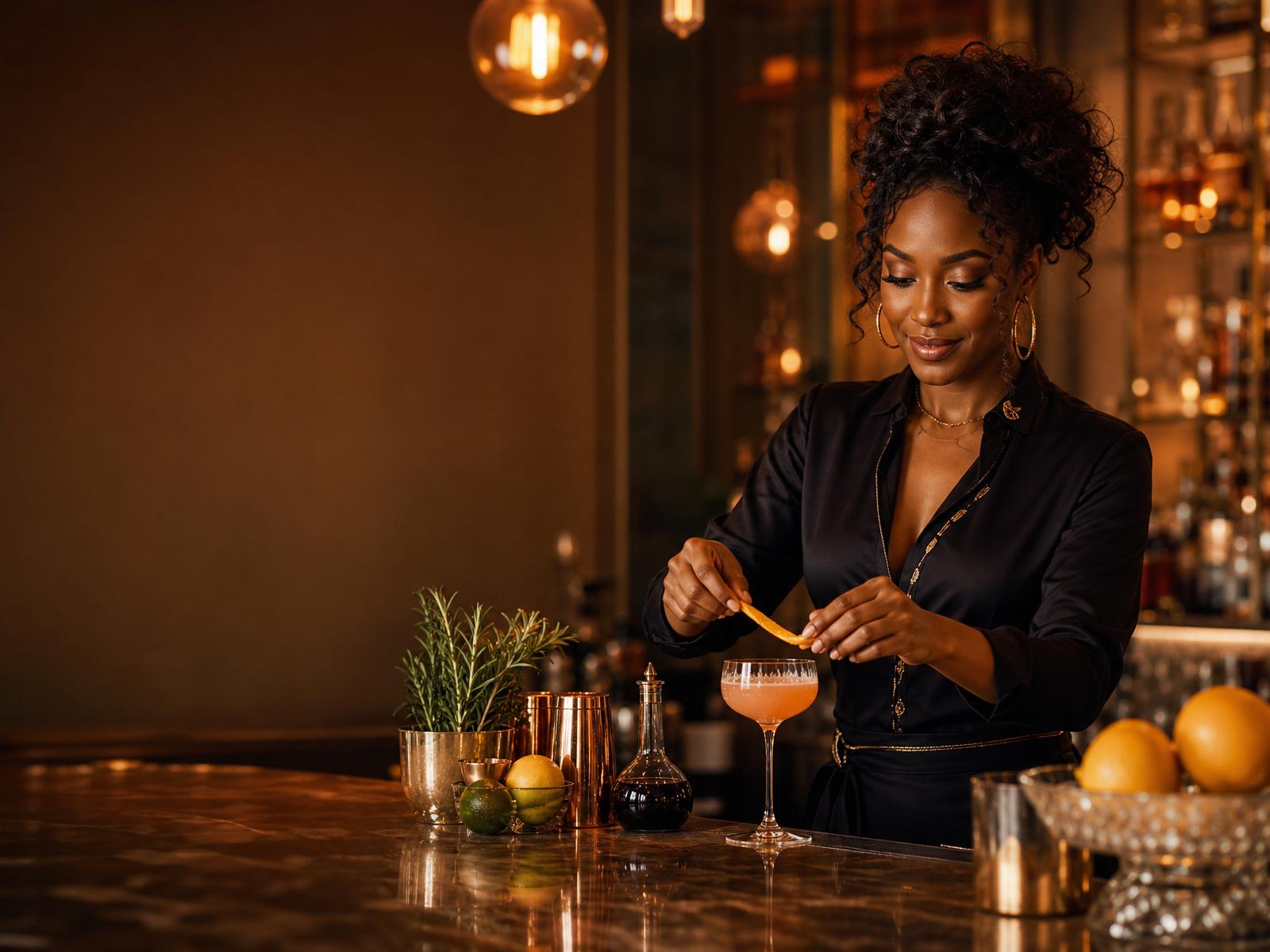 African American female bartender garnishing a craft cocktail in an upscale lounge
